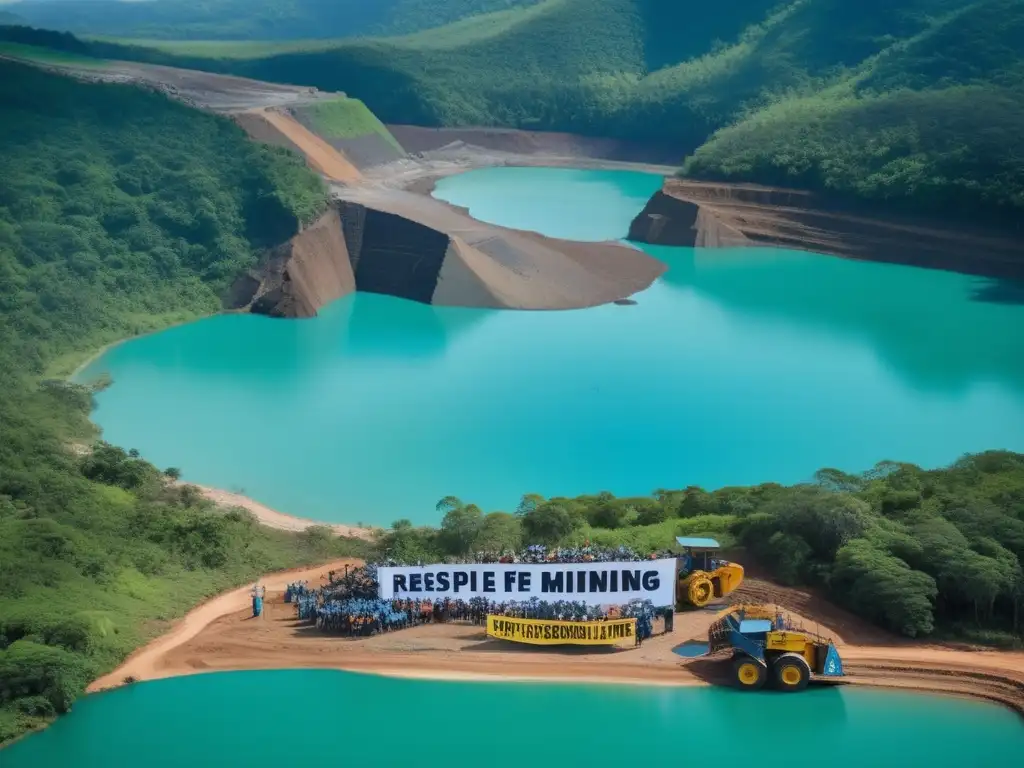 Impacto ambiental de la minería en paisaje con mina, naturaleza y manifestantes