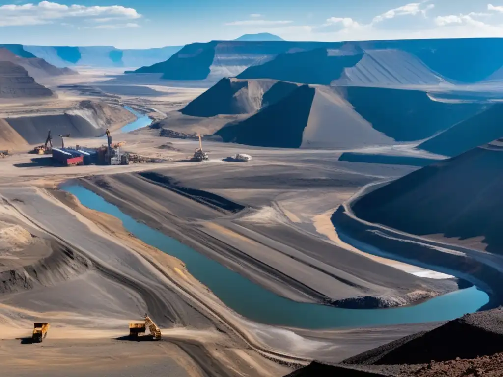 Impacto de la minería en el medio ambiente: paisaje montañoso, mina a cielo abierto, equipo minero, activistas y necesidad de gestión sostenible