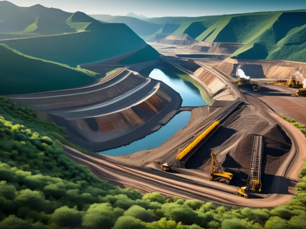 Imagen de mina a cielo abierto en paisaje natural, destacando contraste entre minería destructiva y ecosistemas vulnerables