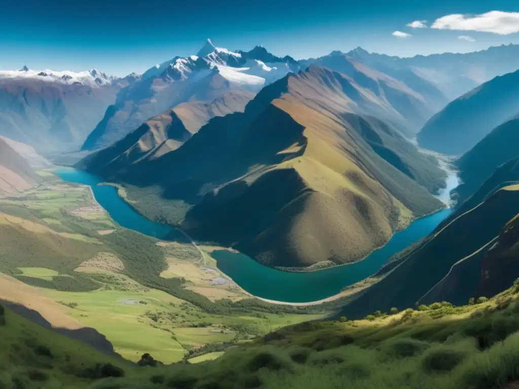 Impacto ambiental minería Andes: imagen panorámica de la Cordillera de los Andes, con montañas imponentes, ríos cristalinos y operaciones mineras