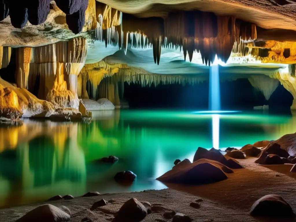 Impacto ambiental de la minería subterránea en la cuenca del Mississippi: impresionante cueva subterránea con formaciones y agua cristalina