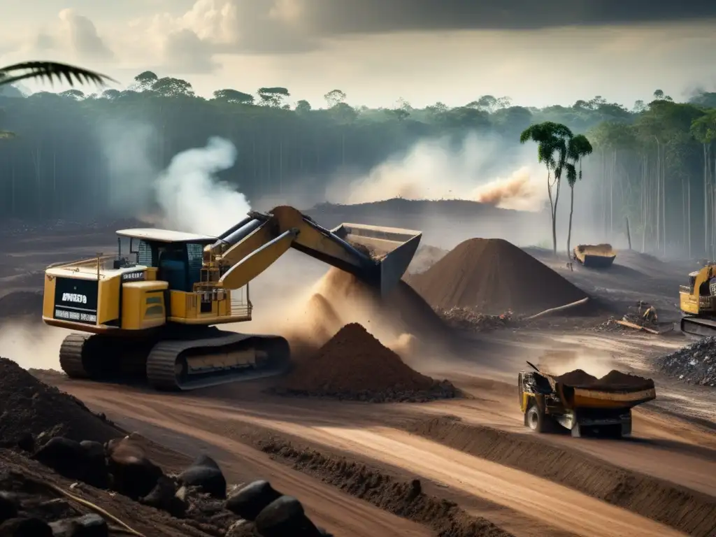 Impacto minería biodiversidad Amazonía: devastación de árboles, maquinaria pesada, excavaciones, humo y animales desplazados