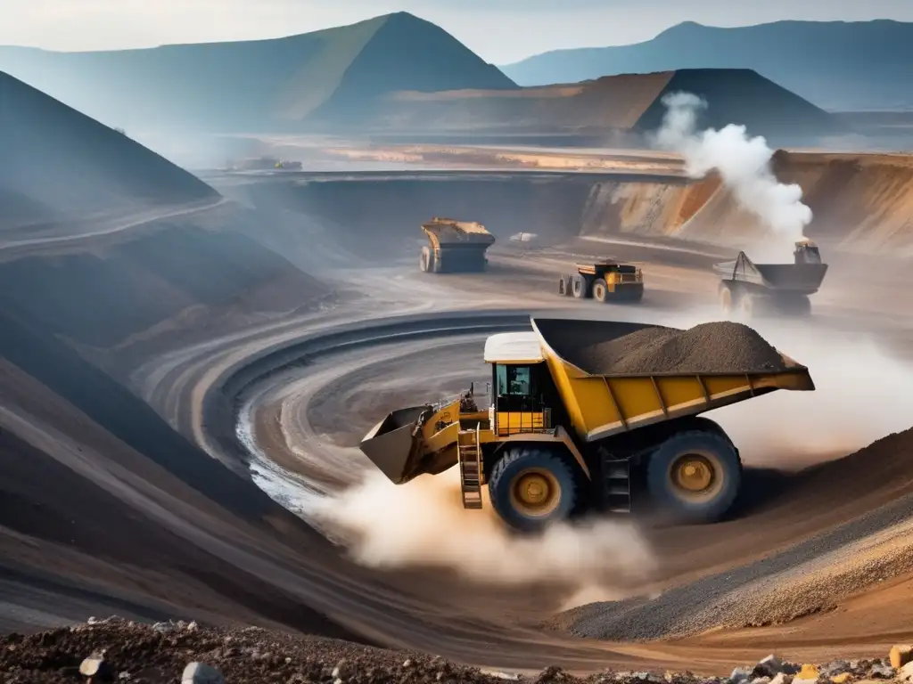 Técnicas sostenibles de minería en paisaje minero con desechos y maquinaria