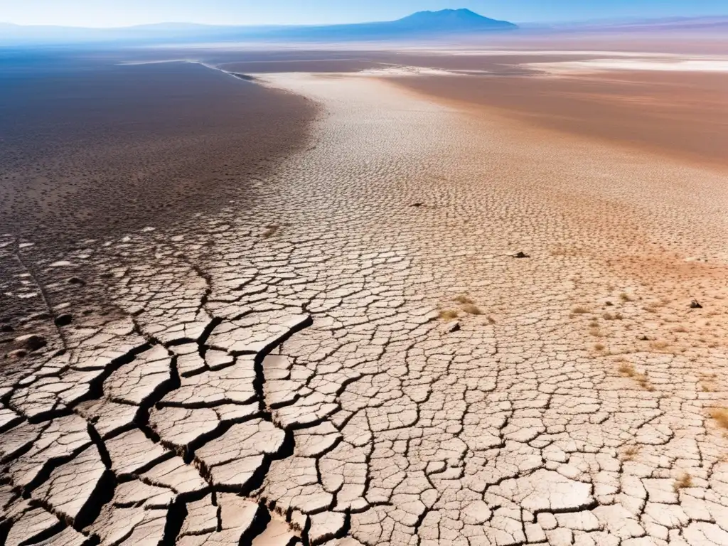 Impacto ambiental minería cobre Desierto Atacama: paisaje árido, río seco y contaminado, degradación del suelo y biodiversidad perdida