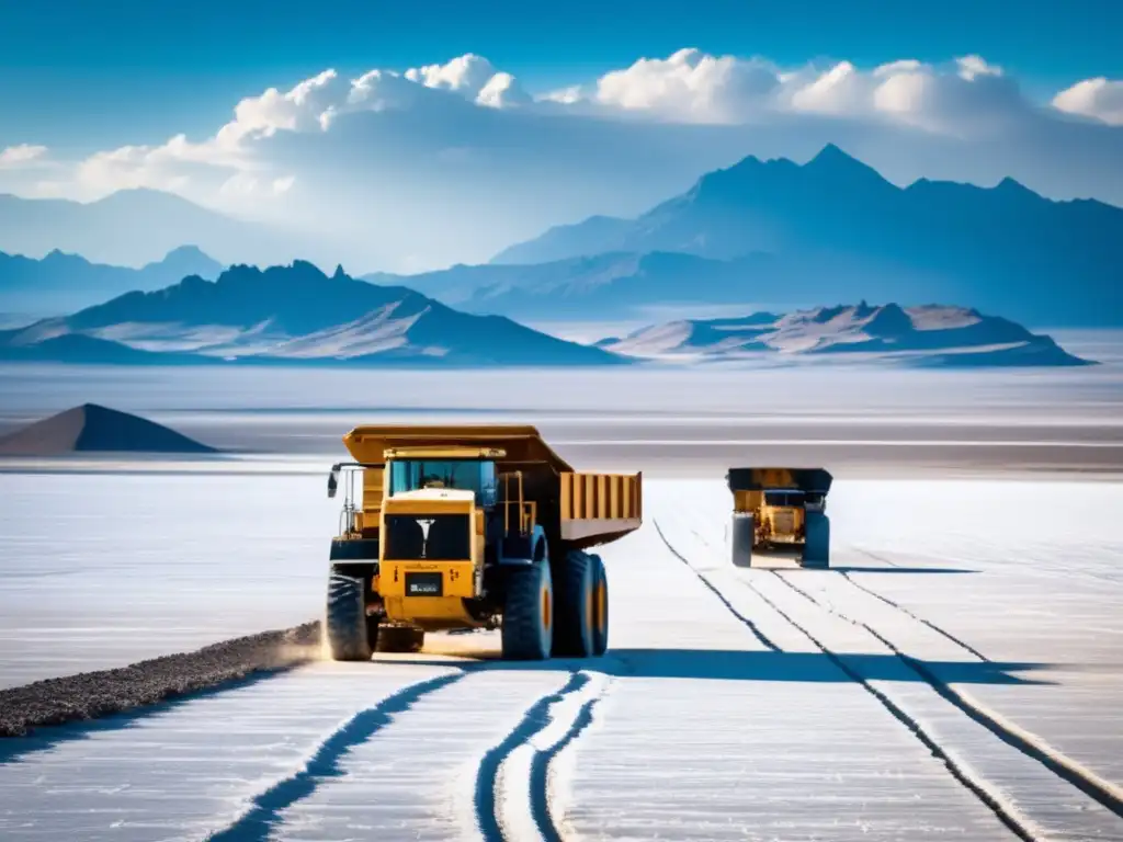 Paisaje salar Andino: Impacto ambiental extracción litio, maquinaria industrial y belleza natural