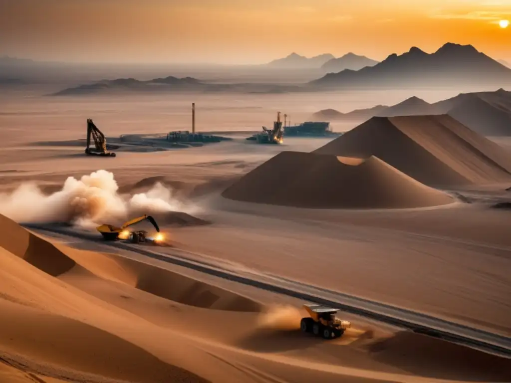 Paisaje desértico de Arabia Saudita con mina a cielo abierto y maquinaria pesada