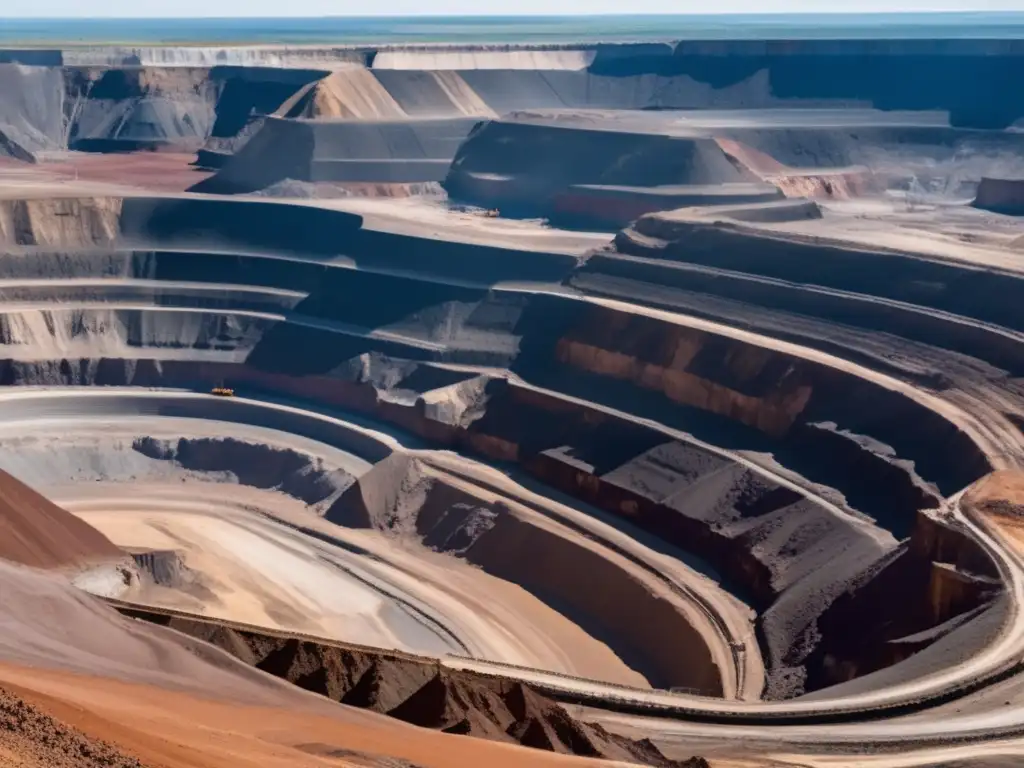 Impacto ambiental de la minería: paisaje devastado por actividades mineras, maquinaria industrial y comunidad afectada