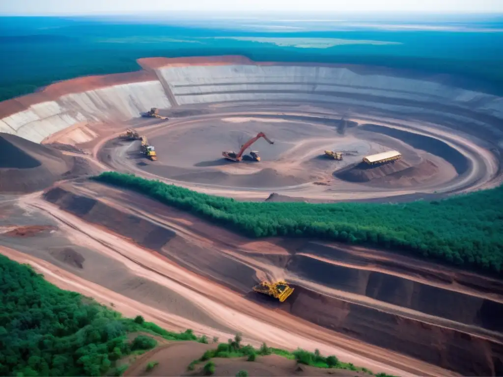 Consecuencias calentamiento global minería: devastación de bosque por minería, maquinaria gigante, polución ambiental, montañas destruidas