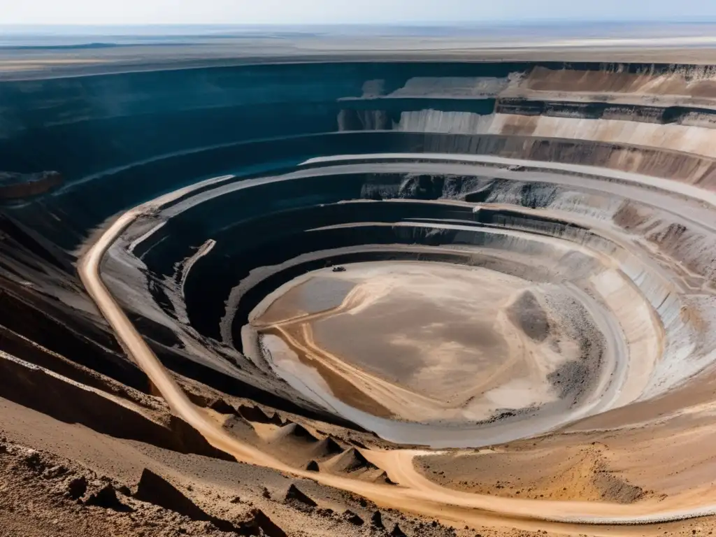 Impacto ambiental de la minería: mina abierta devastadora, paisaje erosionado y sin vida, maquinaria industrial emitiendo humo