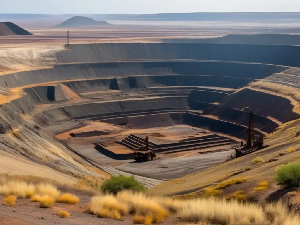 Impacto de la colonización en leyes mineras: paisaje árido, minas abandonadas, fábricas contaminantes