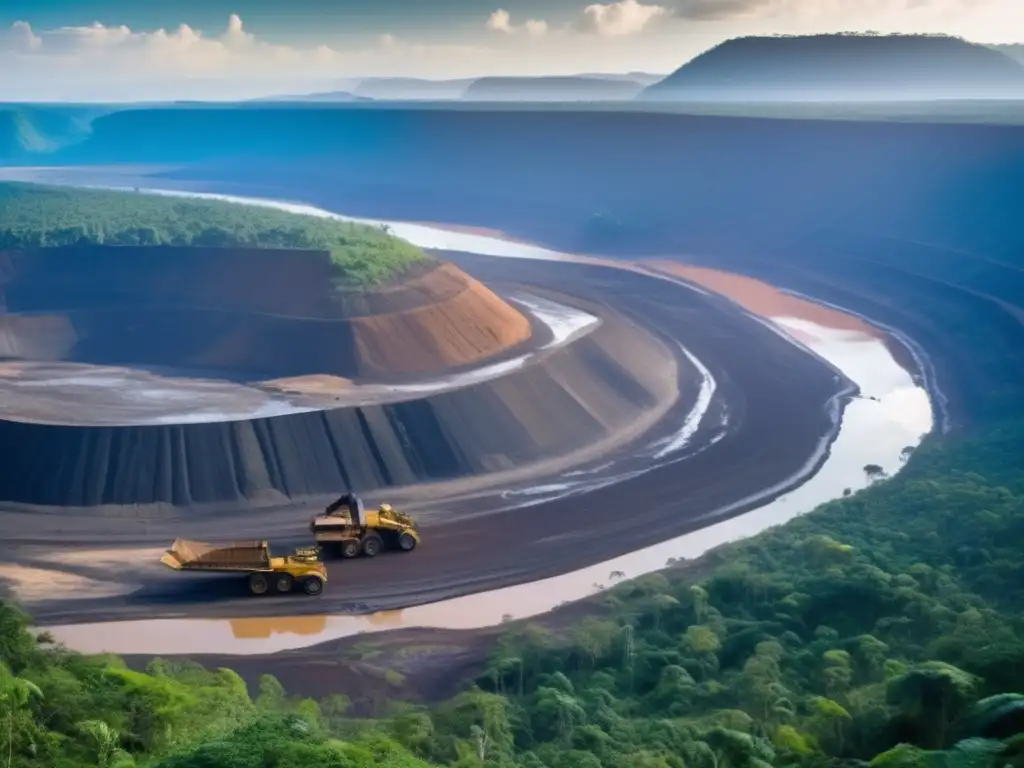 Paisaje panorámico desolador de una exuberante selva tropical devastada por la minería