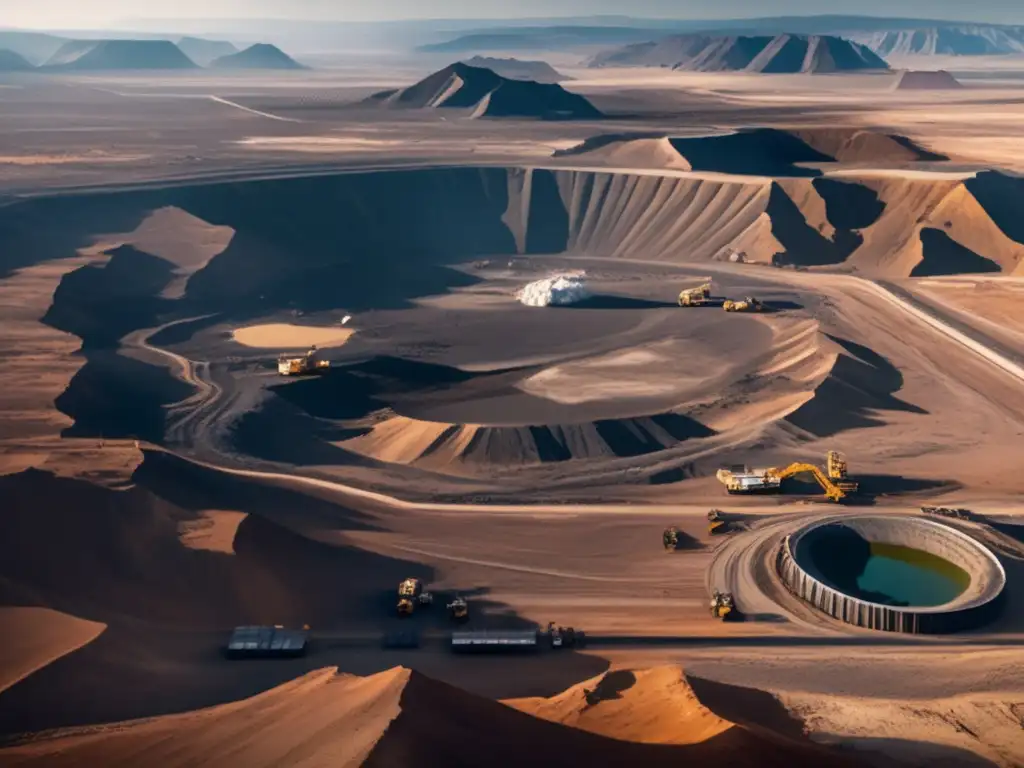 Impacto de la minería en especies: paisaje devastado, máquinas enormes y animales en peligro-