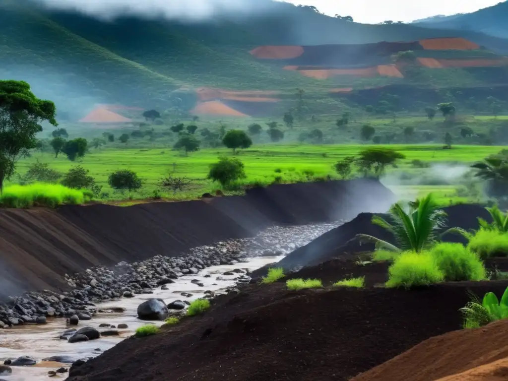 Impacto ambiental minería hierro América: paisaje devastado, río contaminado, pueblo indígena afectado