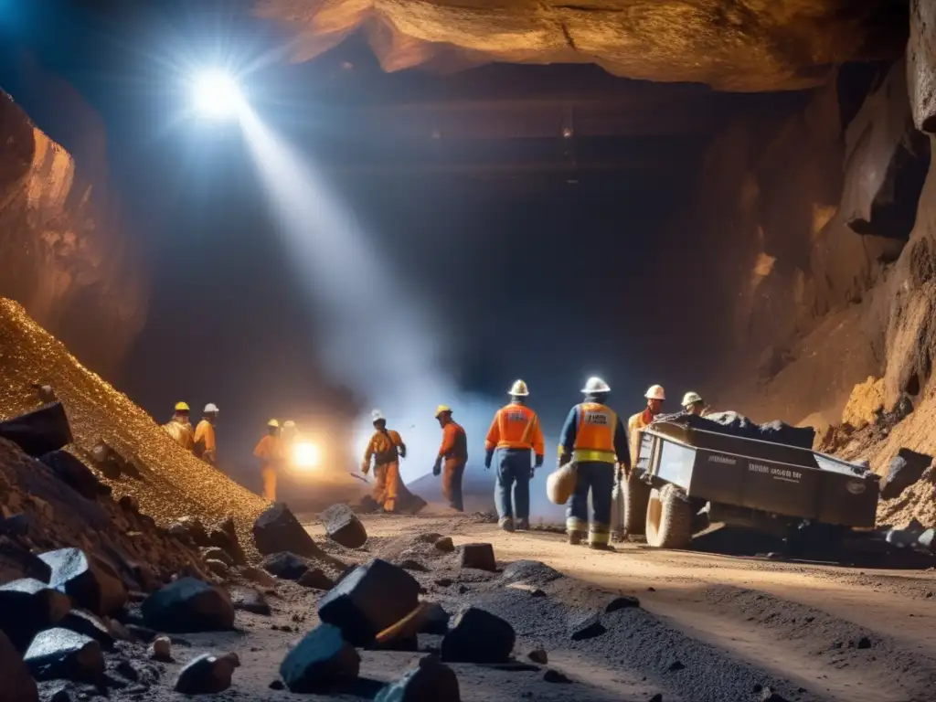 Accidente minero: Rescate en mina colapsada Innovaciones seguridad minería sostenible: Rescate tras accidente minero, escena colapso con escombros y trabajadores buscando sobrevivientes