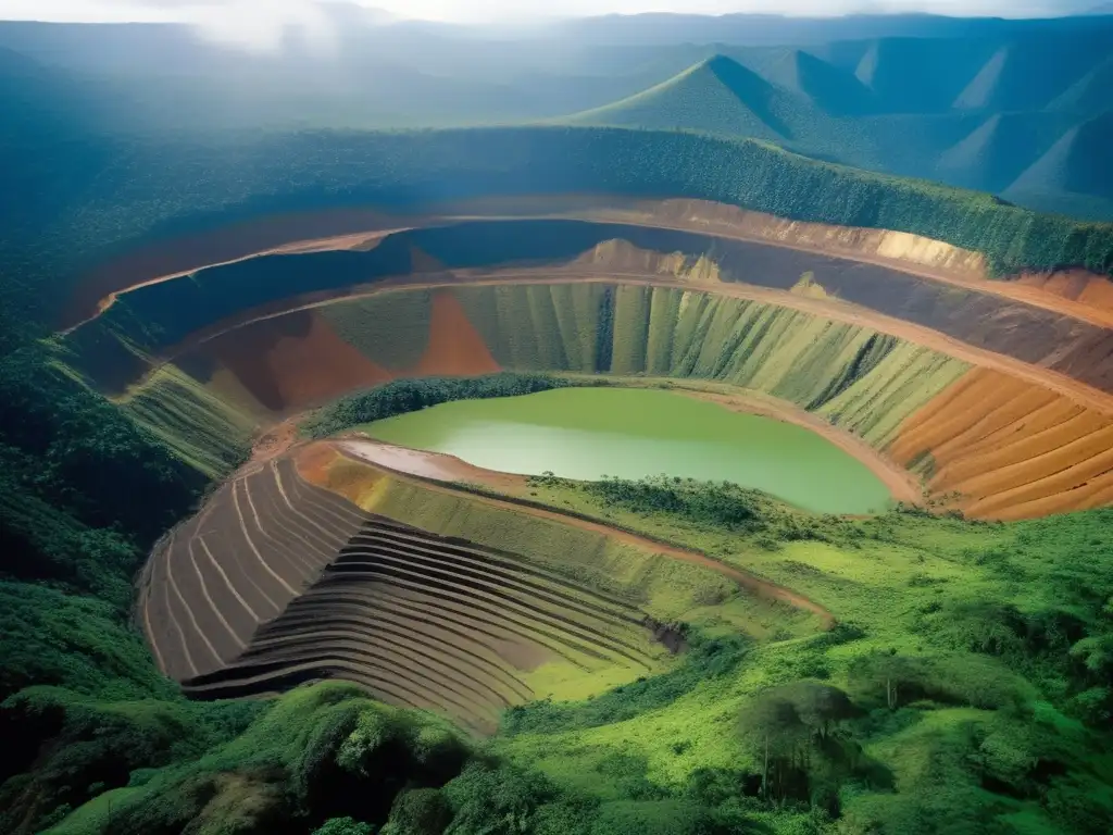 Impacto ambiental de la minería en América: devastación de la selva, ríos contaminados, activista luchando por el ambiente