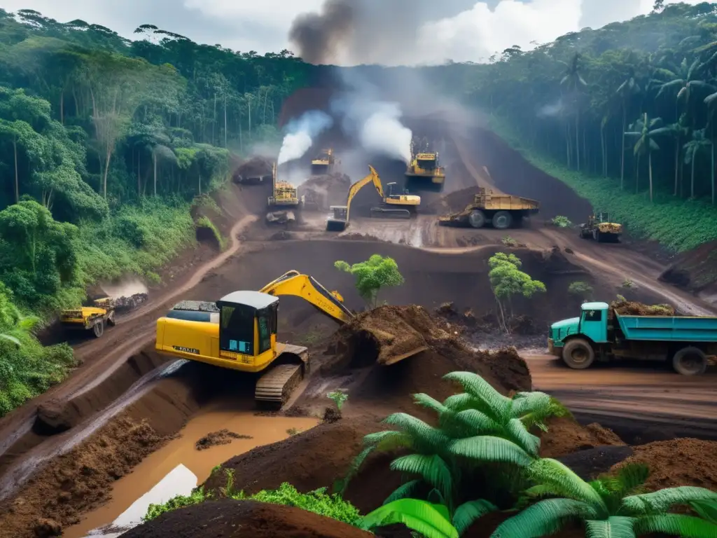 Impacto ambiental de la minería: Rainforest devastado por actividades mineras, maquinaria pesada destruye naturaleza y biodiversidad