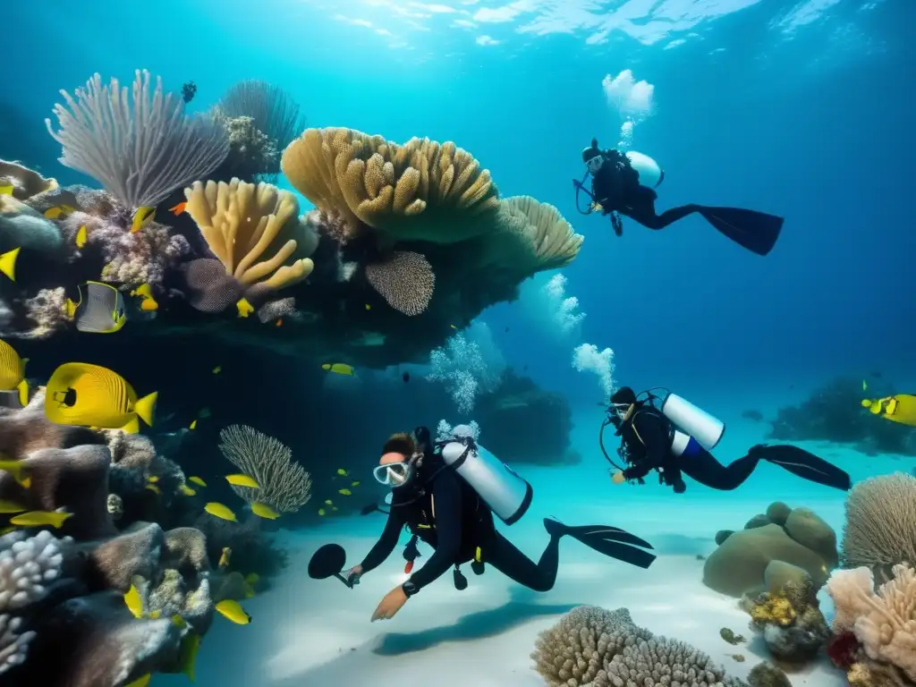 Equipo de buceadores extrayendo recursos subacuáticos de manera sostenible en un vibrante y frágil ecosistema marino