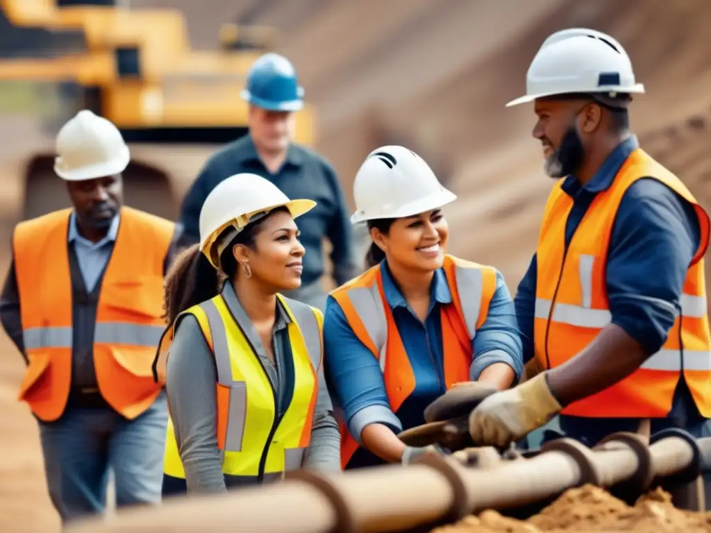 Importancia de la diversidad en la gestión minera: mineros trabajando juntos en un sitio minero con diversidad de género, edad y etnia