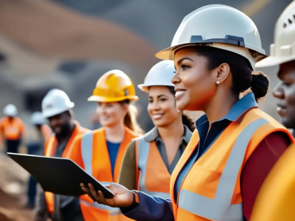 Grupo diverso de mineros en sitio minero, trabajando juntos en tareas diversas de manera inclusiva y con igualdad de oportunidades