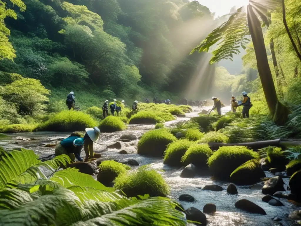 Técnicas sostenibles de extracción minera en un bosque verde con río y ecologistas