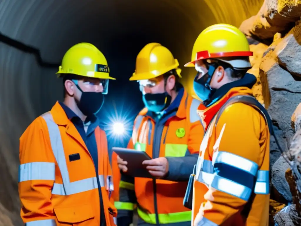 Grupo de mineros en entrenamiento de protocolos de emergencia en mina segura