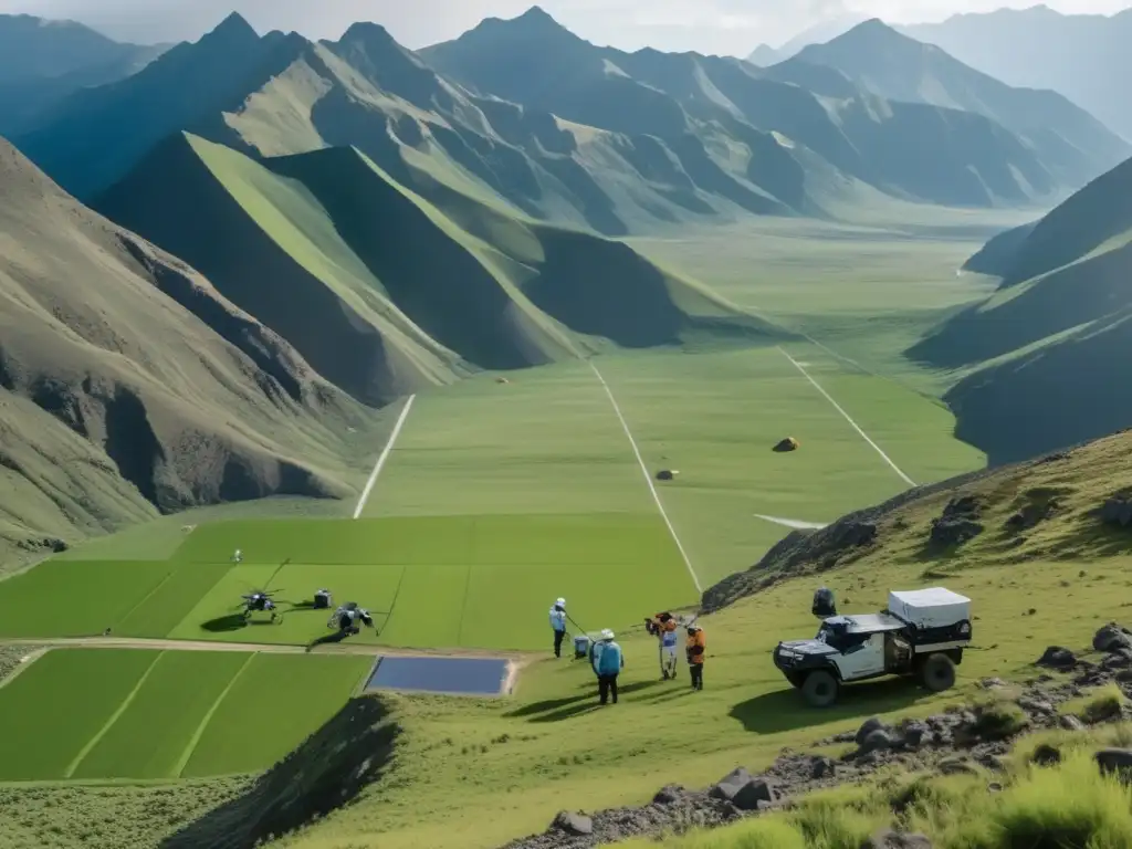 Tecnologías sostenibles de detección de minerales en paisaje de montañas y valles verdes con científicos, equipo avanzado y tecnología innovadora