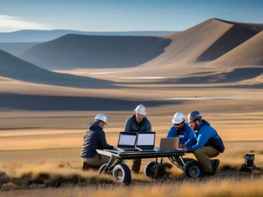 Equipo de geofísicos en acción, interpretación de datos geofísicos minerales en paisaje impresionante