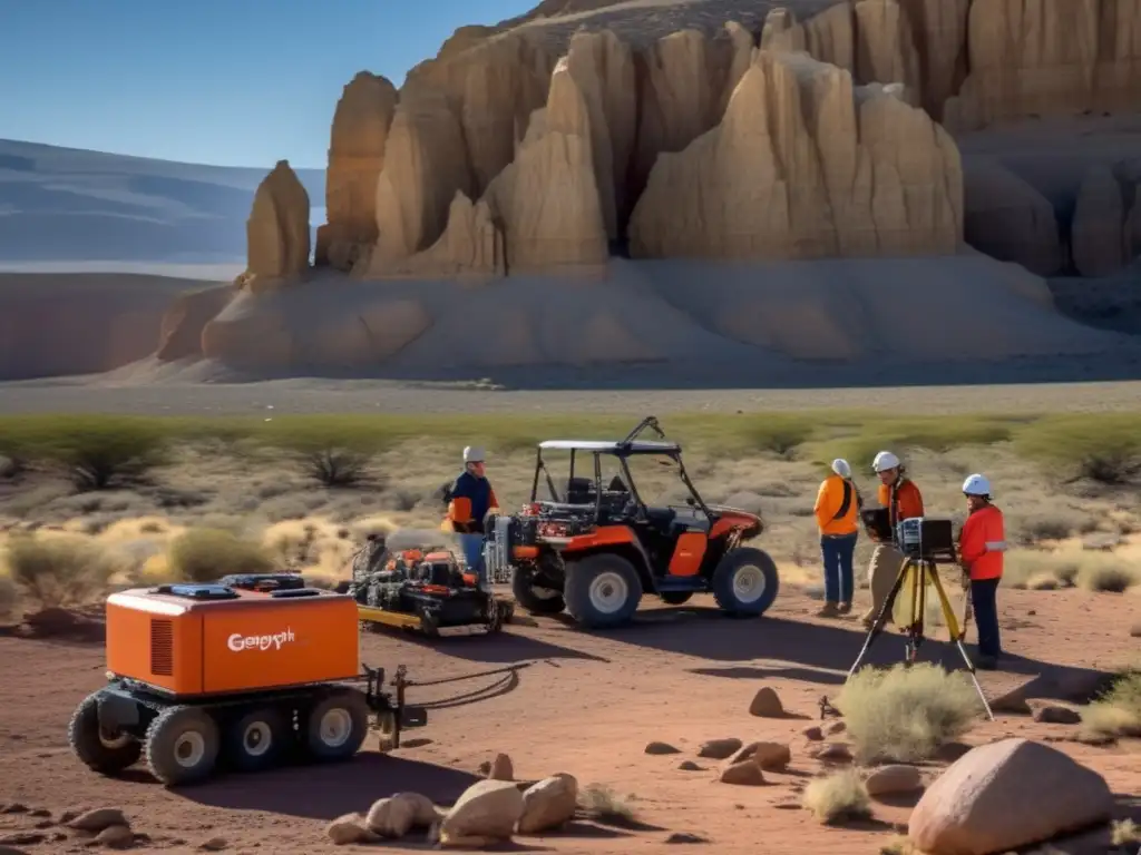 Equipo de geofísicos utilizando métodos de interpretación geofísica sostenible en terreno