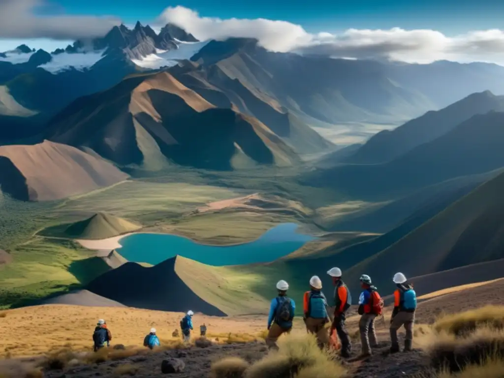 Paisaje montañoso con geofísicos realizando trabajo de campo - Guía interpretación geofísica sostenible