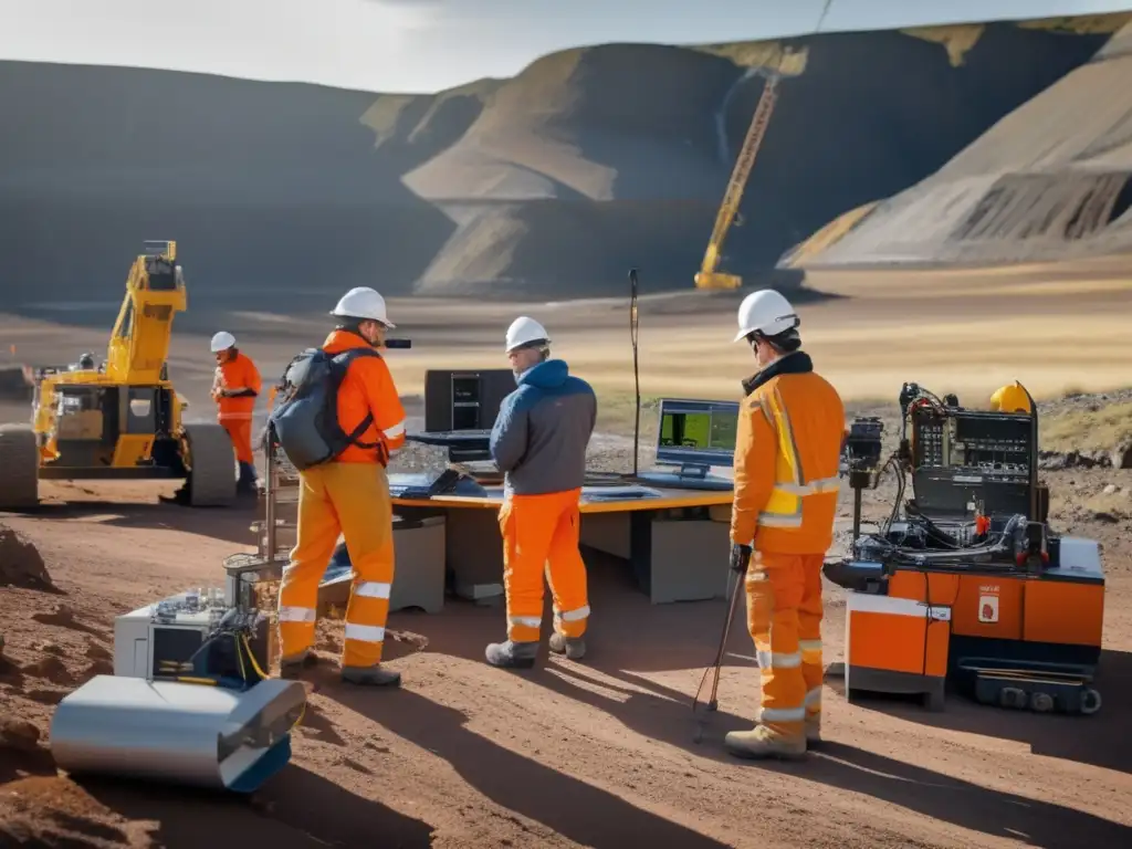 Técnicas de intepretación de datos geofísicos mineros: Equipo de geofísicos en acción en un remoto y accidentado sitio minero