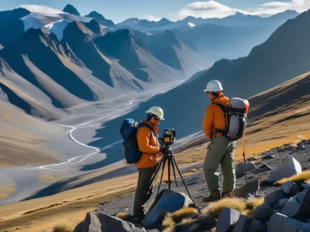 Equipo de geofísicos realizando la exploración mineral en montañas, interpretando datos geofísicos minerales