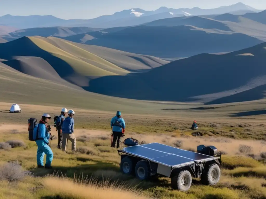 Tecnología sostenible para exploración minera: Geofísicos realizan mediciones y estudios en un paisaje montañoso, preservando la naturaleza