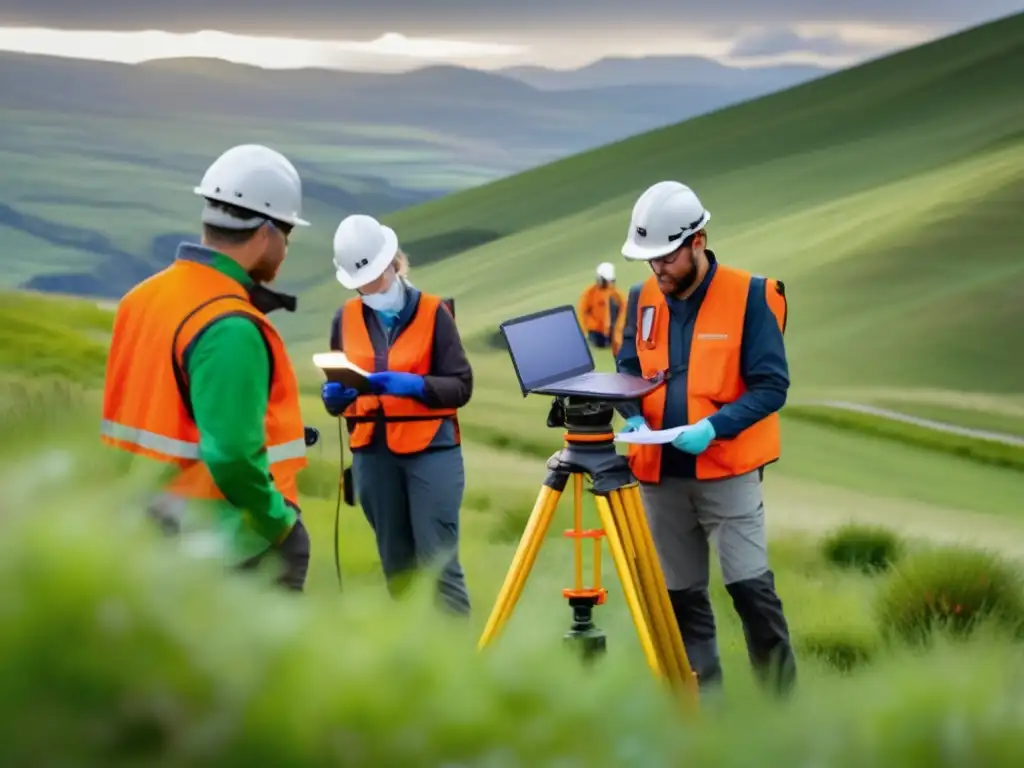 Beneficios de la interpretación geofísica sostenible, equipo de científicos realizando encuestas electromagnéticas en paisaje verde