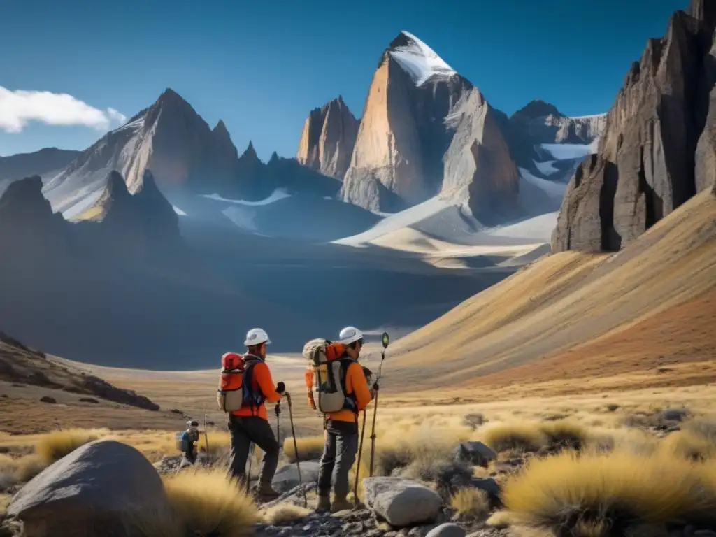 Equipo de geólogos realizando mapeo geológico sostenible en zona montañosa remota