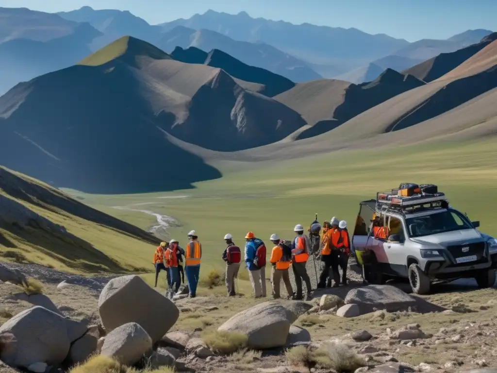 Grupo de geólogos en una encuesta de campo: importancia de la interpretación geofísica