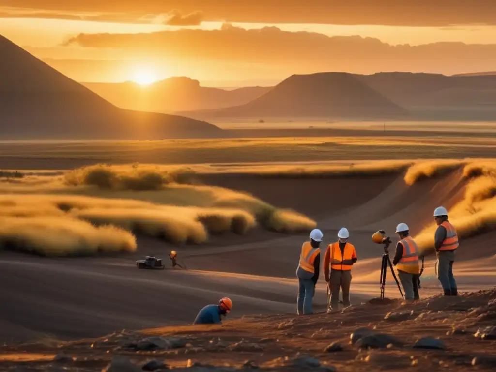 Tecnologías innovadoras en detección de minerales en un campo abierto al atardecer, geólogos examinan terreno con precisión