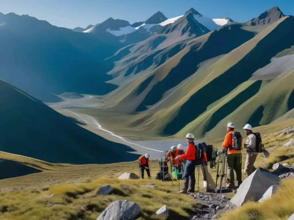 Equipo de geólogos y geofísicos en acción, realizando trabajo de campo en terreno montañoso