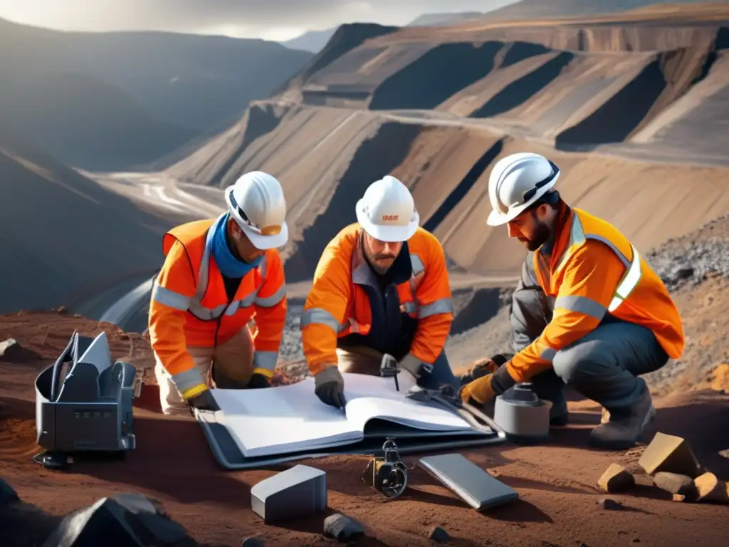 Equipo de geólogos y ingenieros en mina remota Herramientas innovadoras para exploración minera en remota locación montañosa con equipo de geólogos y ingenieros trabajando juntos