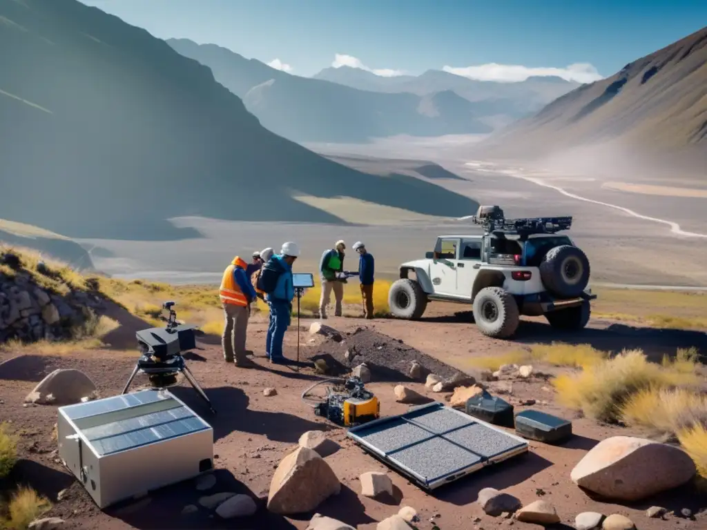 Tecnologías sostenibles detección minerales en paisaje montañoso con geólogos, drones y espectrómetros