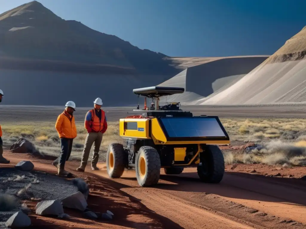 Equipo de geólogos y ingenieros utilizando tecnologías de detección de minerales en exploración geofísica en paisaje remoto