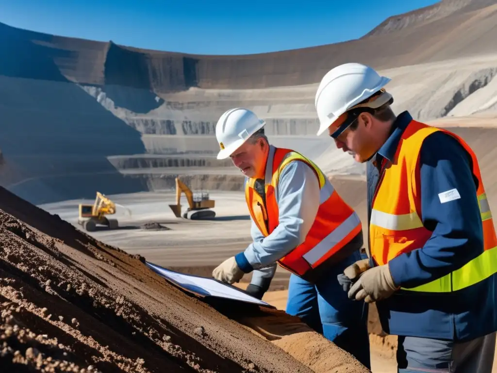 Geólogos y mineros en mina a cielo abierto - Prácticas mineras sostenibles y educación