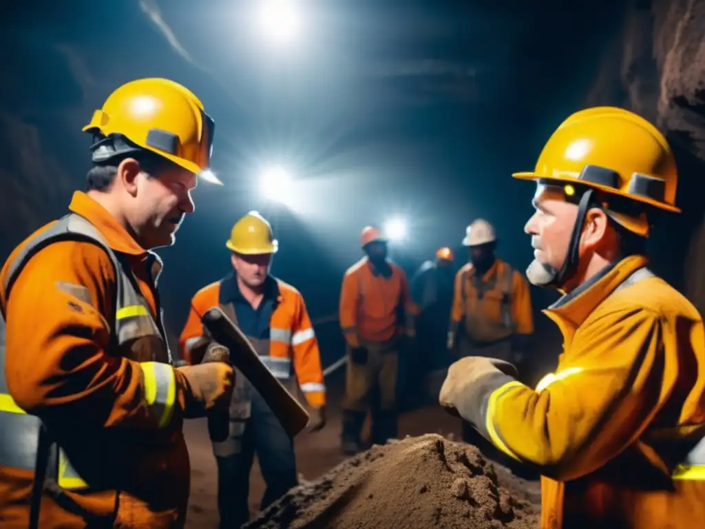 Desafíos de la inclusión en minería: Mineros trabajando juntos en una mina subterránea, iluminados por lámparas de cabeza