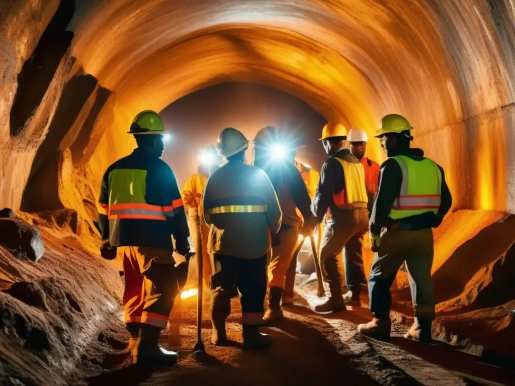 Mineros diversos trabajando en equipo en un túnel minero