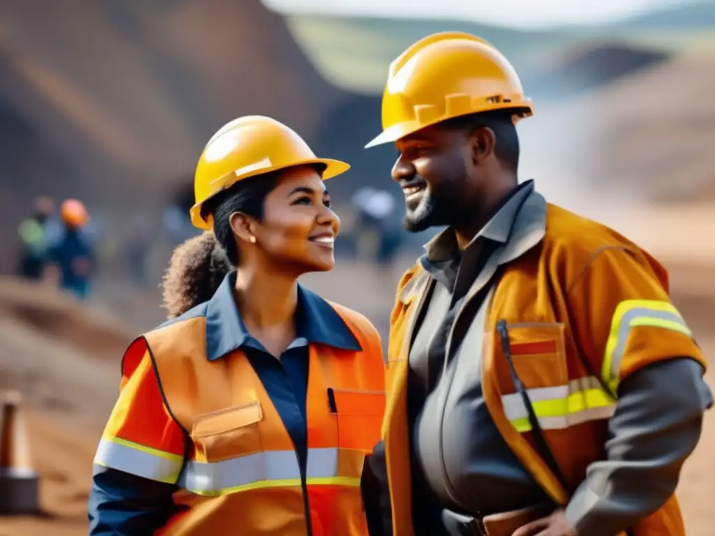 Diversidad en la minería sostenible: Mineros colaborando en equipo, reflejando la unidad y determinación en un paisaje minero impresionante