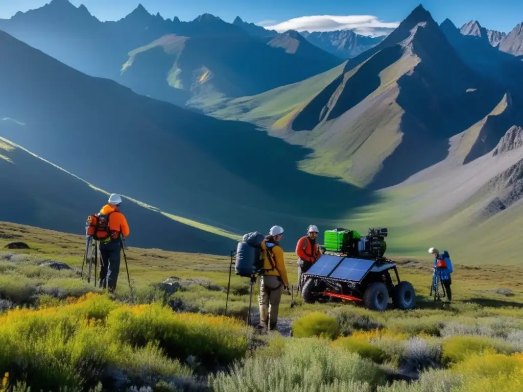 Técnicas sostenibles en minería geofísica: paisaje montañoso, equipo de geofísicos recopilando datos con tecnología avanzada