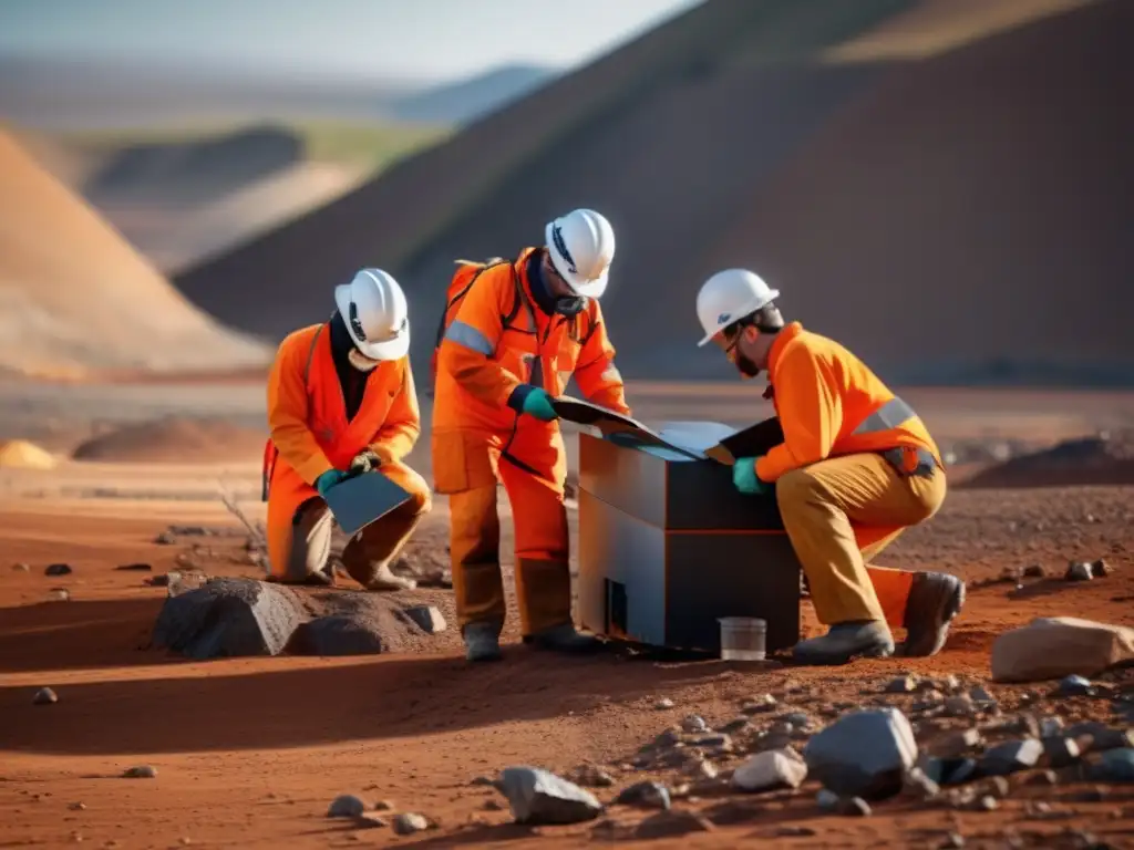 Equipo geológico explorando paisaje texturizado en busca de recursos minerales