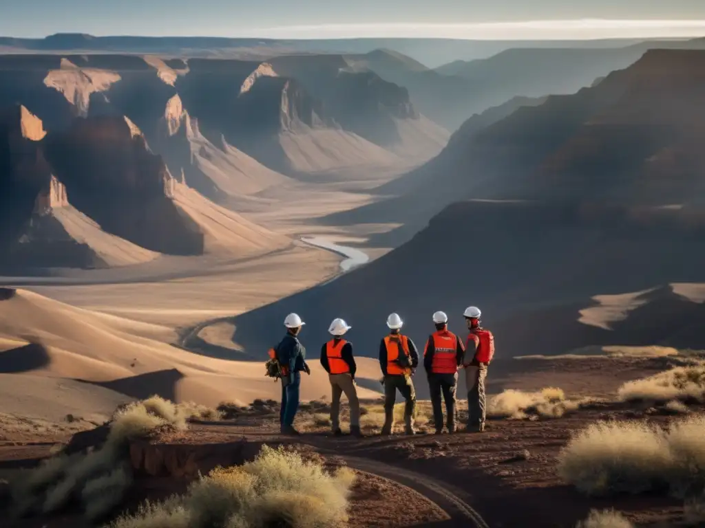 Técnicas sostenibles en mapeo geológico petrolero: equipo de geólogos y ingenieros en paisaje desafiante con tecnología avanzada