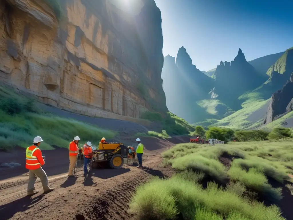 Equipo de geólogos y ingenieros en un sitio remoto de minería