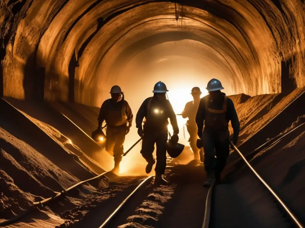 Derechos laborales en minería sostenible: escena impactante en túnel minero, trabajo duro y condiciones peligrosas