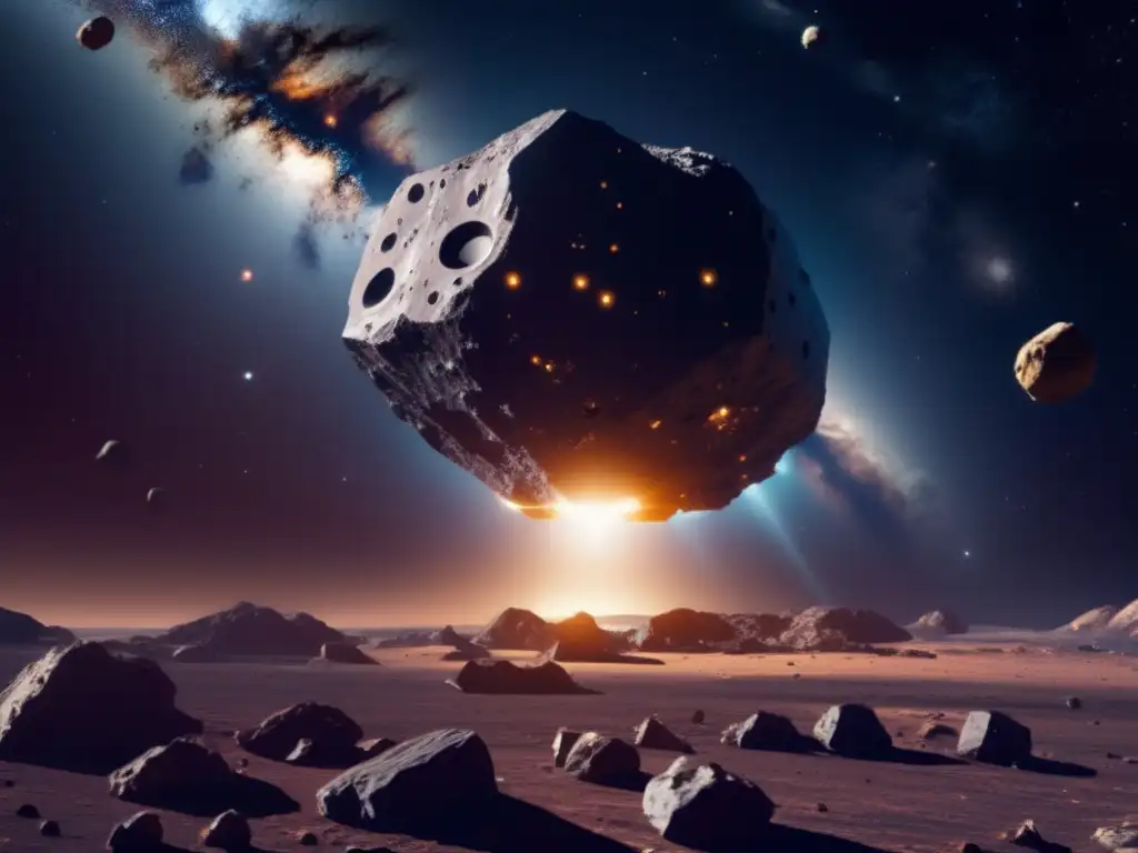 Tecnología extracción asteroides sostenible: nave futurista minera en asteroide con galaxias y vastedad espacial